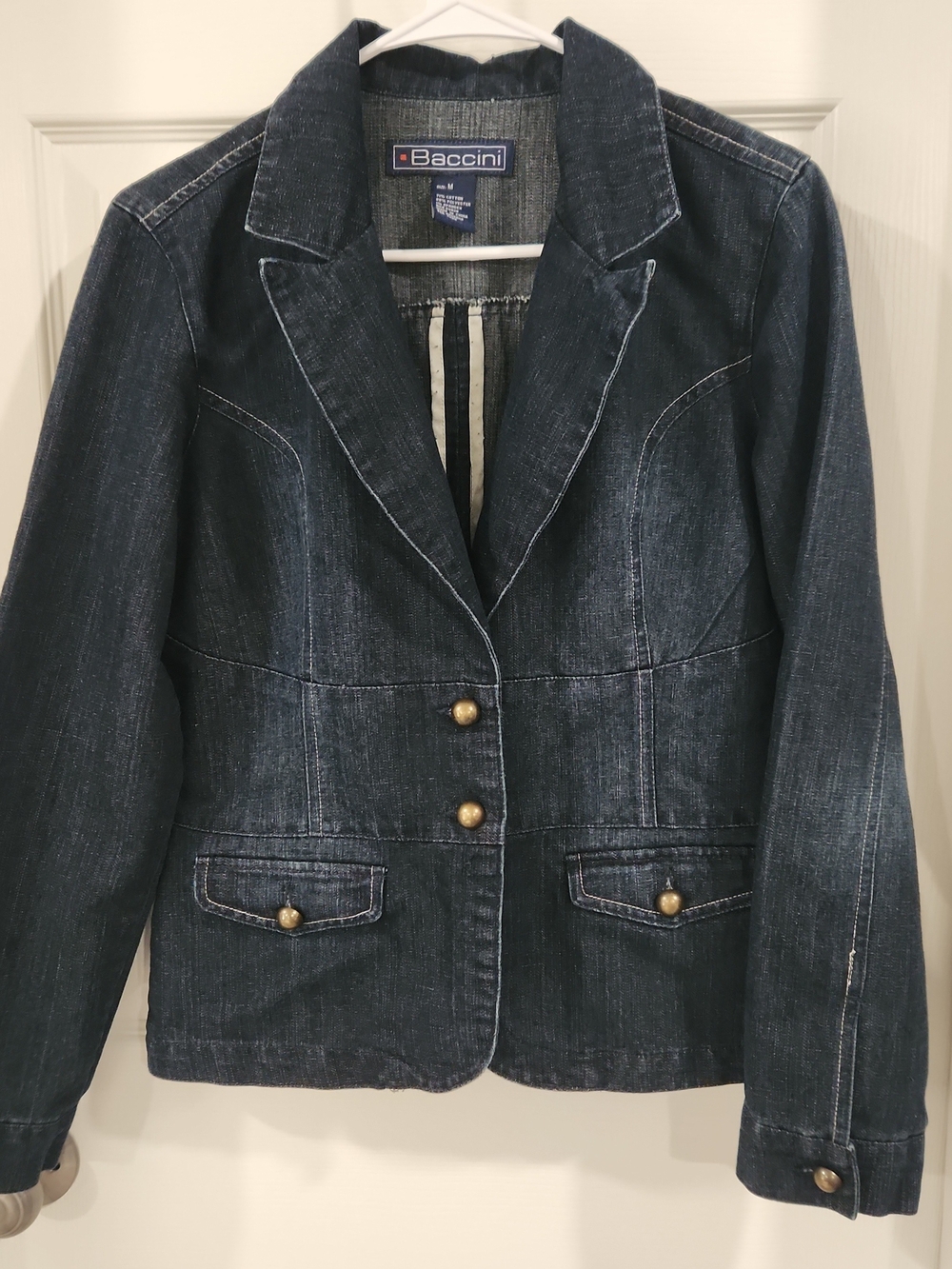 Baccini Womens Dark Wash Denim Blazer Jacket Navy Blue Size M Y2K Boho Vintage
